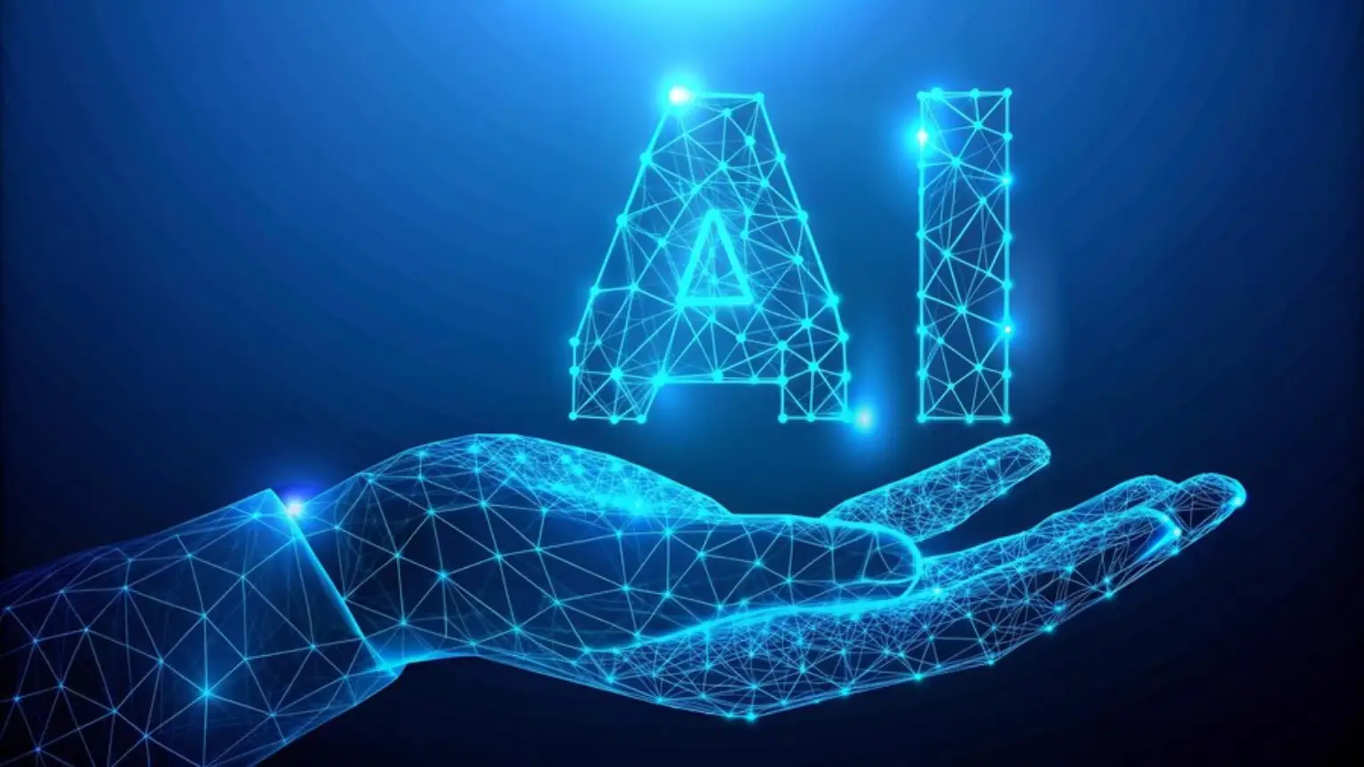 Futuristic digital hand holding AI letters made of light and lines on a blue background.