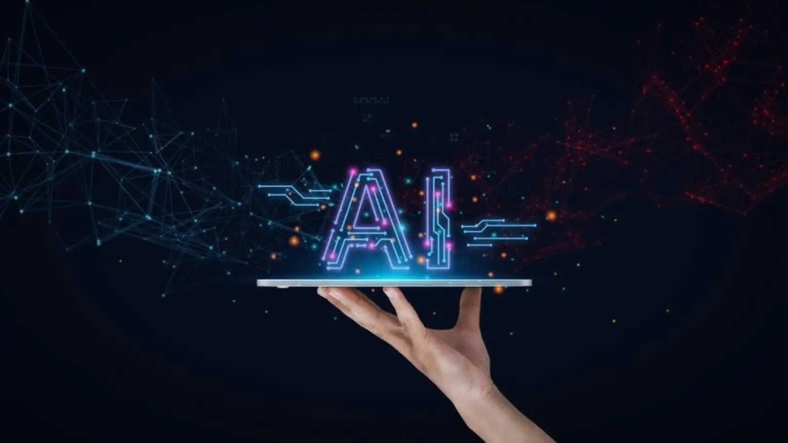 Hand holding digital tablet with glowing AI text and network lines, symbolizing artificial intelligence technology.