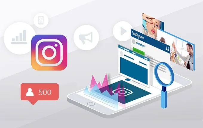 A graphic representation of a smartphone displaying an Instagram page, accompanied by various icons and graphics.
