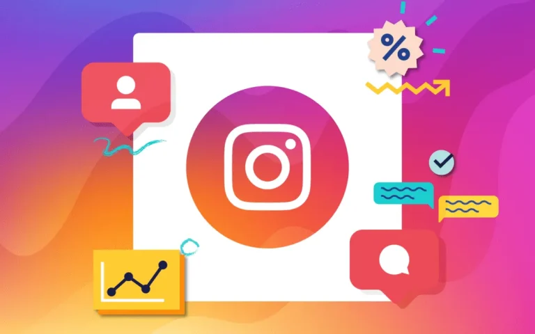 A stylized graphic of the Instagram logo, surrounded by various icons and symbols, set against a vibrant background.