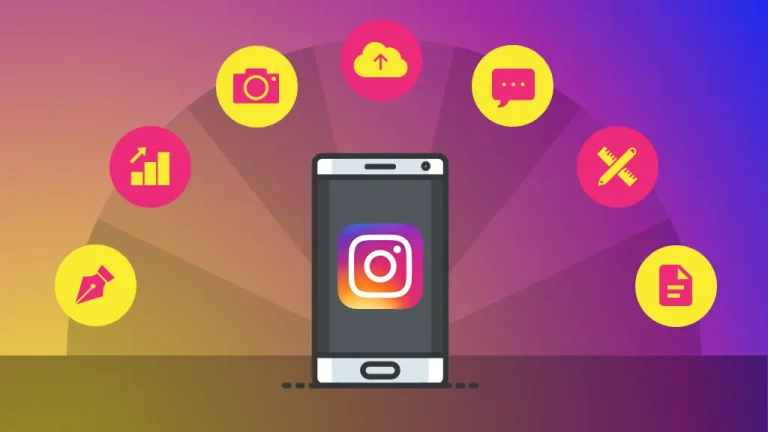 A smartphone with the Instagram logo on its screen, surrounded by various icons. The phone is positioned centrally in