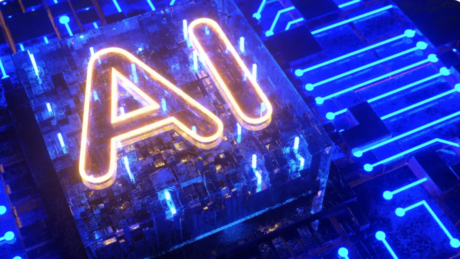 Glowing AI text on a futuristic blue circuit board background, symbolizing advanced technology and innovation.