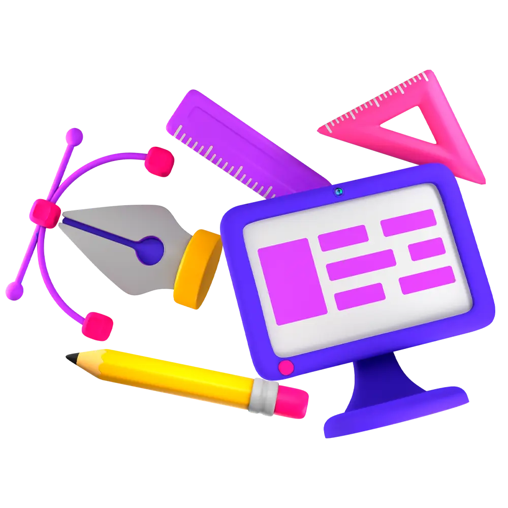 Creative tools and computer screen symbolizing graphic designing company expertise.