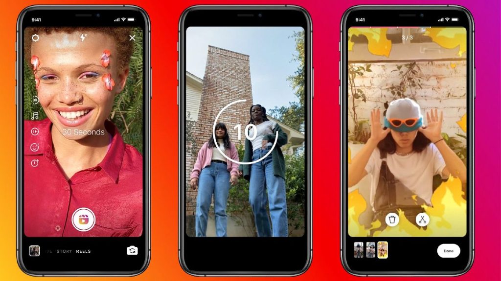 Three smartphone screens displaying Instagram Reels, a feature of the social media platform Instagram. The purpose of this