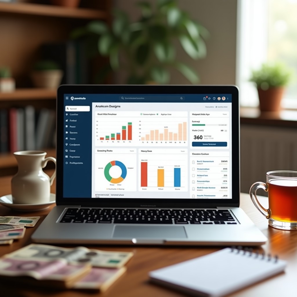 Rupee currency notes and coins arranged beside a laptop showing an SEO analytics dashboard, on a modern desk with a notepad a